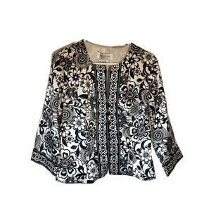 J. R. Nites Caliendo Blouse Womens Sz 10 Floral Button Front White Black Floral